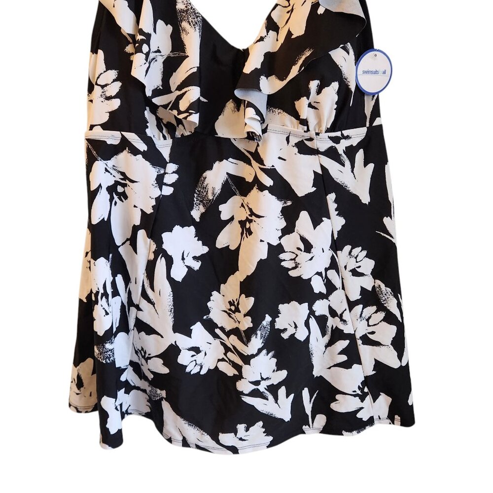 Swimsuits For All 18 Black White Women's Bathing Suit One Piece Dress Floral NEW - Picture 3 of 10